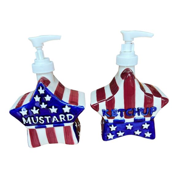 1999 Boston Warehouse American Flag Star Shape Mustard Ketchup Pump Set New - Picture 1 of 8